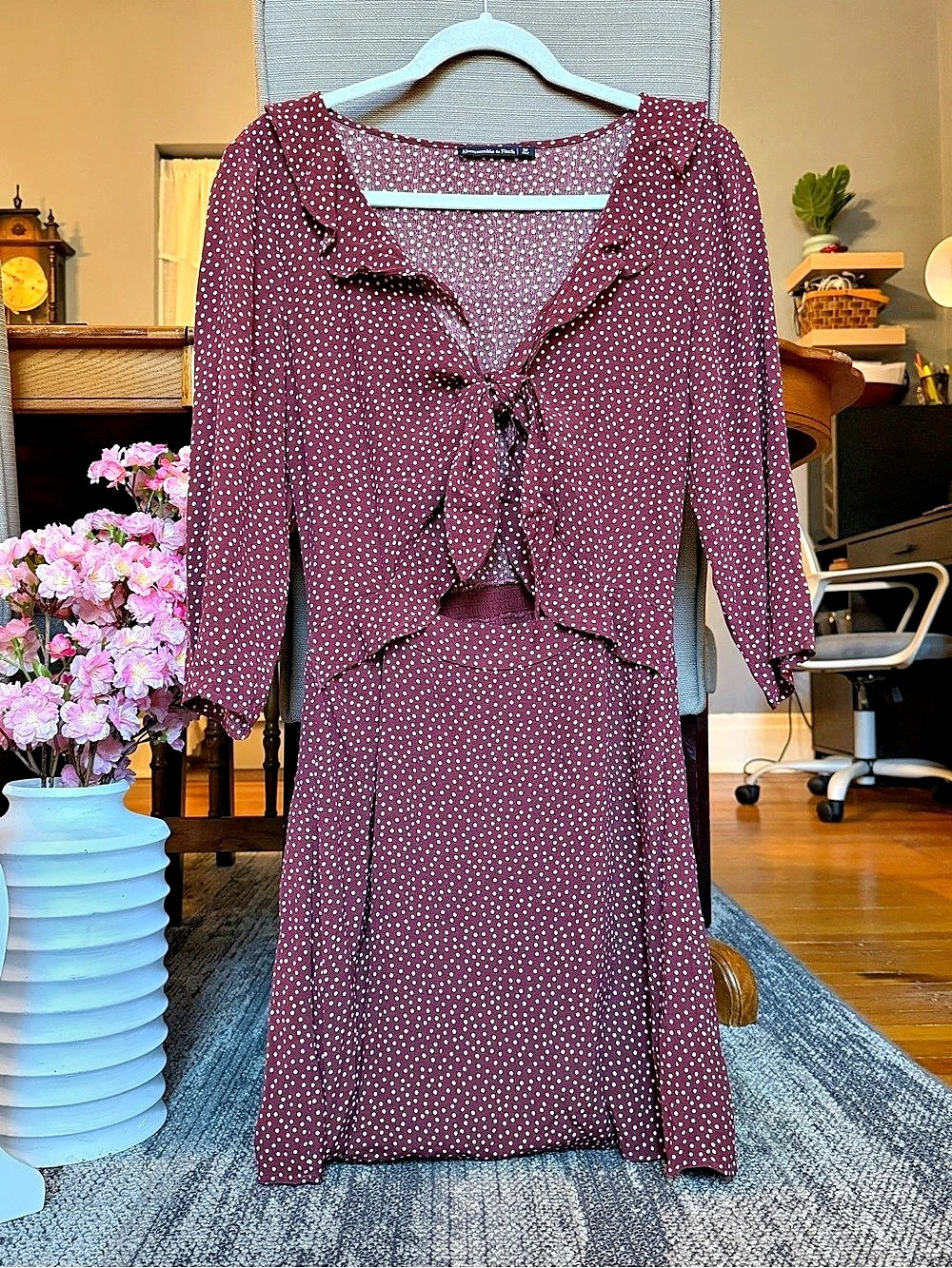 Abercrombie & Fitch Polka Dot Midi Dress in Burgundy & White Size Medium